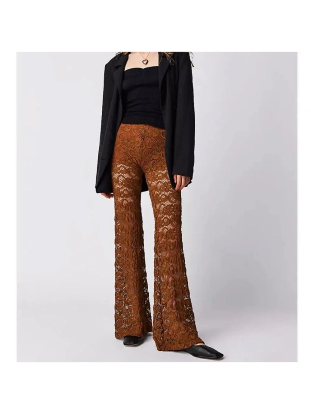 NWT Nightcap Dixie Lace Flare Pants in Mocha Brown Sheer Flare Pant 3 / M